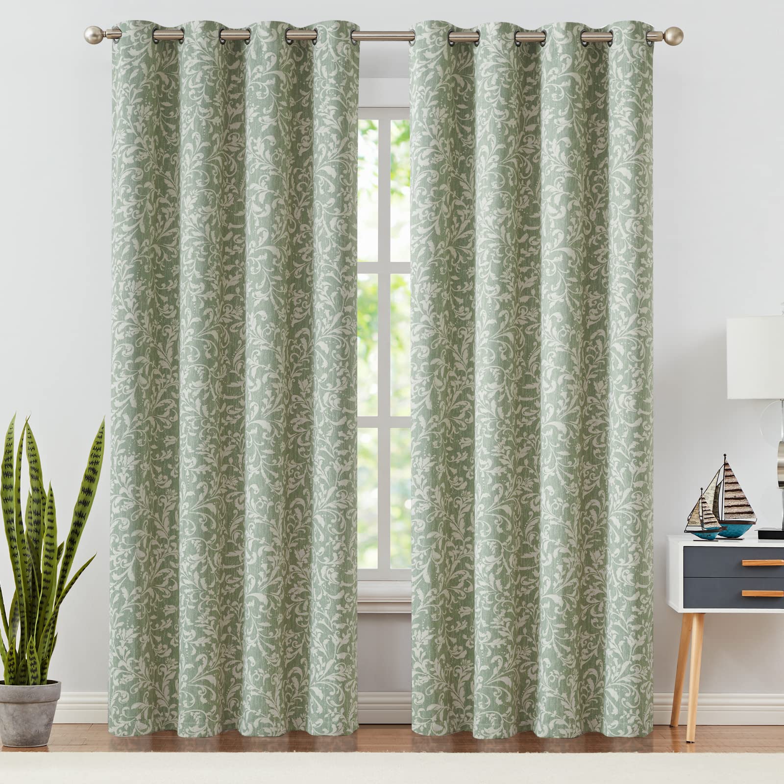 Jinchan 80% Blackout Curtains For Living Room, Farmhouse Drapes With Scroll Floral Patterned For Bedroom, Grommet Top Thermal In
